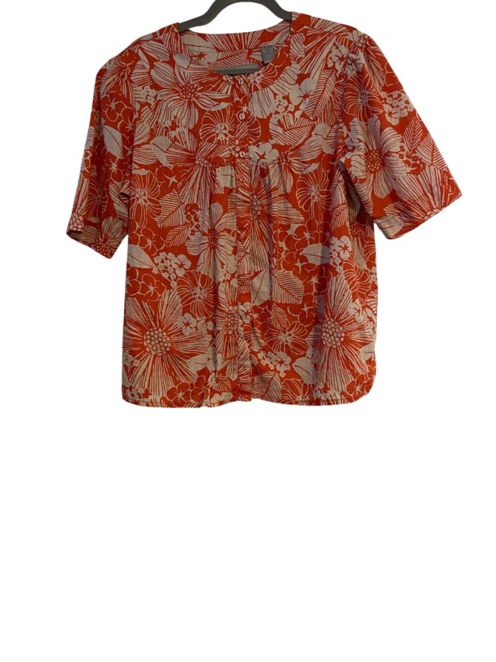 Liz Claiborne Women XL Orange Cream Top Button Up Floral Short Sleeve Fall Boho